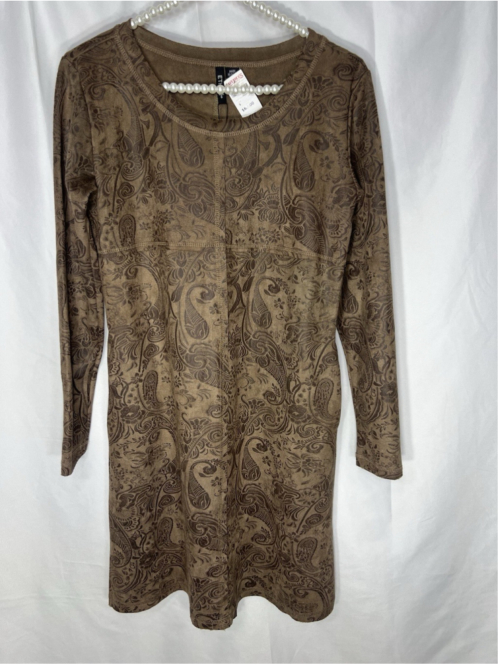 Ethyl Women’s Paisley Embossed Long Sleeve Shift Dress S Brown